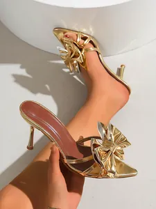 Mules dorées à talons hauts avec bout pointu et nœud décoratif élégant pour femmes