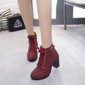Elegant burgundy high chunky heel platform lace-up Martin ankle boots for women