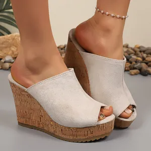 Women's fashionable light gray suede peep-toe wedge slippers with platform cork sole