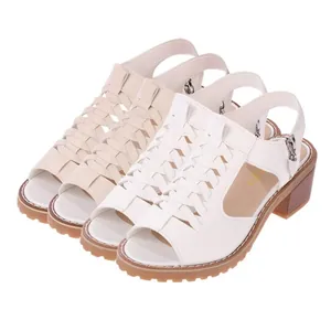 Chunky heel women's sandals featuring woven hollow-out Roman style in white and beige