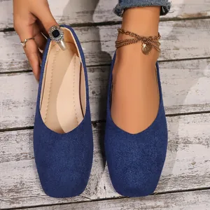 Elegant and comfortable minimalist blue suede-like square toe flat shoes for women