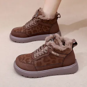 Botas de invierno para mujer con forro polar cálido y estampado de leopardo marrón