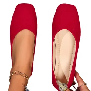 Elegant red square-toe ballet flats featuring a comfortable soft suede finish for women