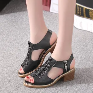 Elegant black chunky heel Roman sandals with hollow out design and side zipper detail