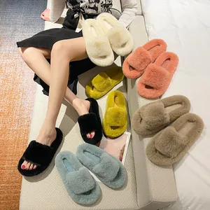 Detailed view of colorful women's plush thick-sole open-toe home slippers.