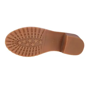 Detail view of the durable brown rubber outsole with star tread for block heel sandals