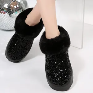 Elegantes botas de nieve negras con lentejuelas y borde de piel sintética para mujer