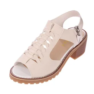 Elegant beige women's chunky heel sandals with cutout Roman style woven leather design