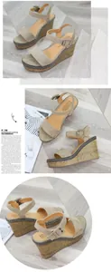 Vista dettagliata di sandali con zeppa in pelle scamosciata beige con cinturino alla