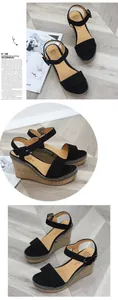 Eleganti sandali con zeppa in pelle scamosciata nera con cinturino alla caviglia