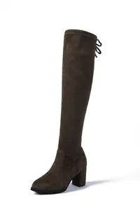 Bottes au-dessus du genou élégantes en daim marron foncé avec talon haut épais et lacet