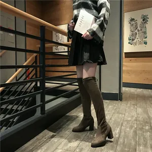 Bottes cuissardes en daim marron avec talons épais et tige extensible