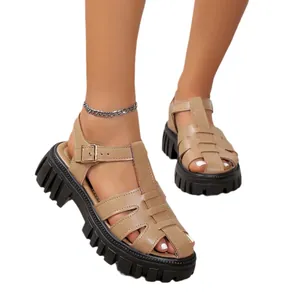 Women's beige chunky platform Roman sandals with hollow-out design and ankle strap