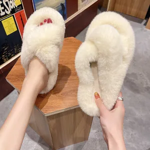 Plush cross-strap faux fur slippers in cream white, soft and stylish for winter indoor wear