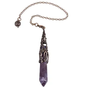 Amethyst crystal hexagonal column pendulum pendant with vintage copper chain for meditation yoga
