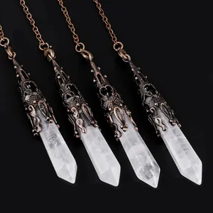 Close-up detail of natural clear crystal hexagonal pendulum pendants with ornate bronze caps