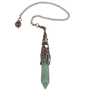 Detailed view of a natural green crystal hexagonal pendulum with a vintage bronze chain.