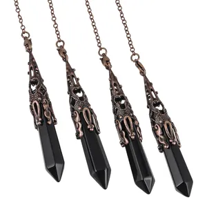 Set of four black obsidian hexagonal crystal pendulums with vintage copper chains for yoga