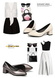 French style pointed toe pumps with chunky heels in beige and metallic silver finish