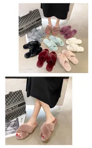 Soft cross-strap faux fur slippers in multiple colors for indoor comfort