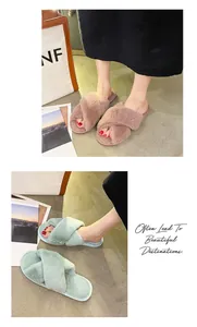 Cozy faux fur cross-strap slippers for women shown in mauve and mint green colors