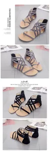 Multiple views of women's flat gladiator sandals with cross-straps and back zipper detail