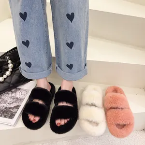 Stylish multi-color platform faux fur slippers for women in a chic lifestyle indoor setting