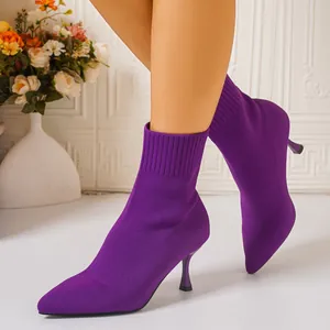 Elegant purple knit sock boots with pointed toe and stiletto heels for fashionable women
