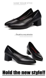 Elegant black pointed toe block heel pumps featuring a classic French retro design style