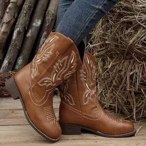 Classic brown western cowboy boots for women with white embroidery and chunky heels