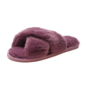 Soft purple faux fur plush cross-band indoor slippers for women with flat soles