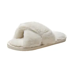 High-quality close-up of soft white plush cross-strap indoor slippers for women at home
