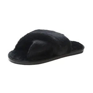 Detailed view of the soft black faux fur cross-strap slippers for indoor home use