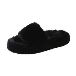 Detailed macro view of black fluffy faux fur slippers with thick platform soles.