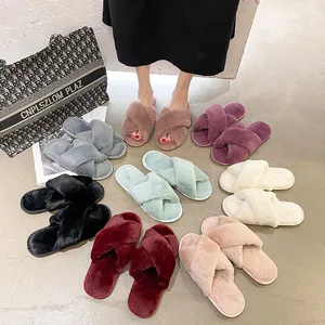 Cozy plush crisscross strap slippers for women available in multiple color options