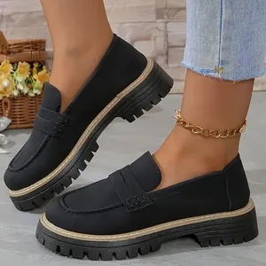 Mocassins Femme Style Britannique en PU Mat à Plateforme Talon Épais Slip On Chaussures Plates Décontractées Grandes Tailles
