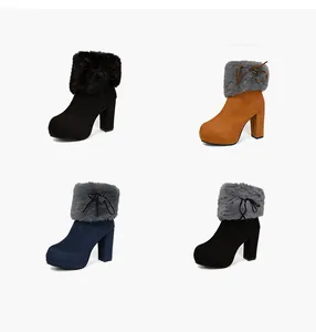 High chunky heel ankle boots for women featuring plush fur collar in four colors