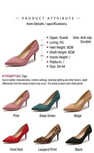 Attributs détaillés et six options de couleur pour escarpins à talons en suédine