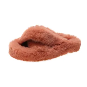 Soft faux fur cross-strap platform slippers for women in coral pink
