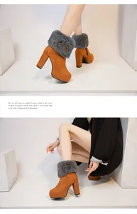 Side view of brown suede high heel platform boots with gray fur trim and bow detail