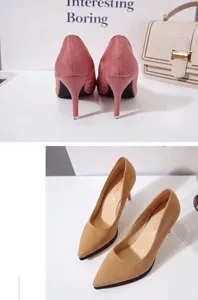 Vues détaillées d'escarpins à bout pointu en daim doux et de différentes couleurs