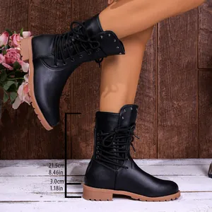 Detail view showing 21.5cm height and 3cm heel measurements of black mid-calf knight boots