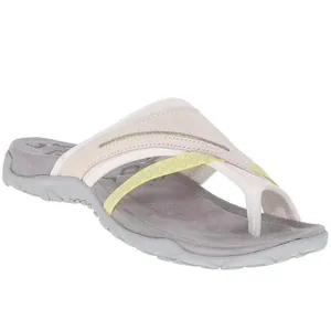 Macro view of comfortable thong sandals with cushioned grey footbed