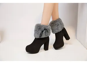 Black suede chunky high heel boots with grey faux fur collar and platform detail