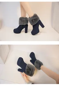 Stylish navy blue chunky heel platform boots featuring soft grey faux fur trim detail