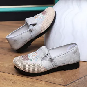 Detailed macro view of traditional Chinese floral embroidery on ethnic style flat shoes