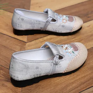 Detailed view of Chinese ethnic style embroidered shoes with floral patterns