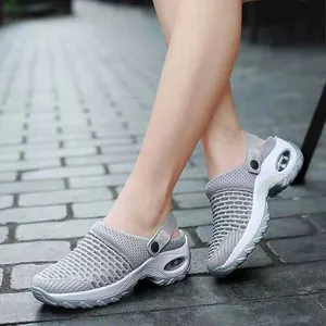 Women Mesh Flying Weave Breathable Air Cushion Platform Sandals Summer Casual Lightweight Semi-Slippers Heightening Shoes