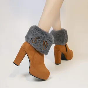 Stylish women's brown suede chunky heel ankle boots with faux fur trim and platform