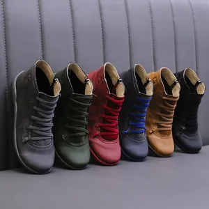 Women Casual PU Leather Short Boots Lace Up Side Zipper Flat Heel Warm Solid Color Western Style Winter Ankle Boots